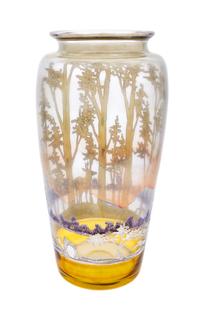 A Large Rockwell Silver Overlay Glass Landscape Vase Height 14 1/8 inches.