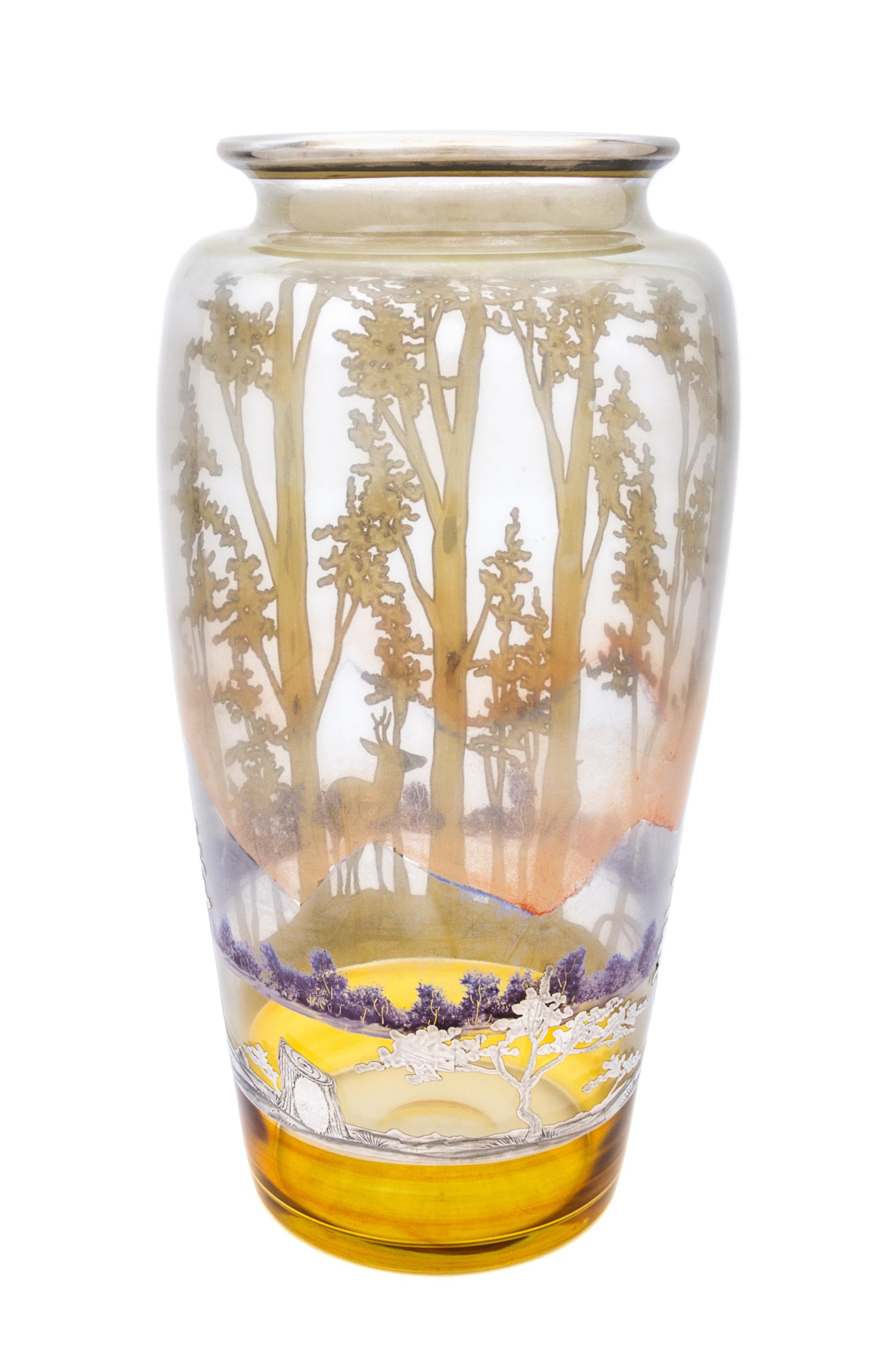 A Large Rockwell Silver Overlay Glass Landscape Vase Height 14 1/8 inches.