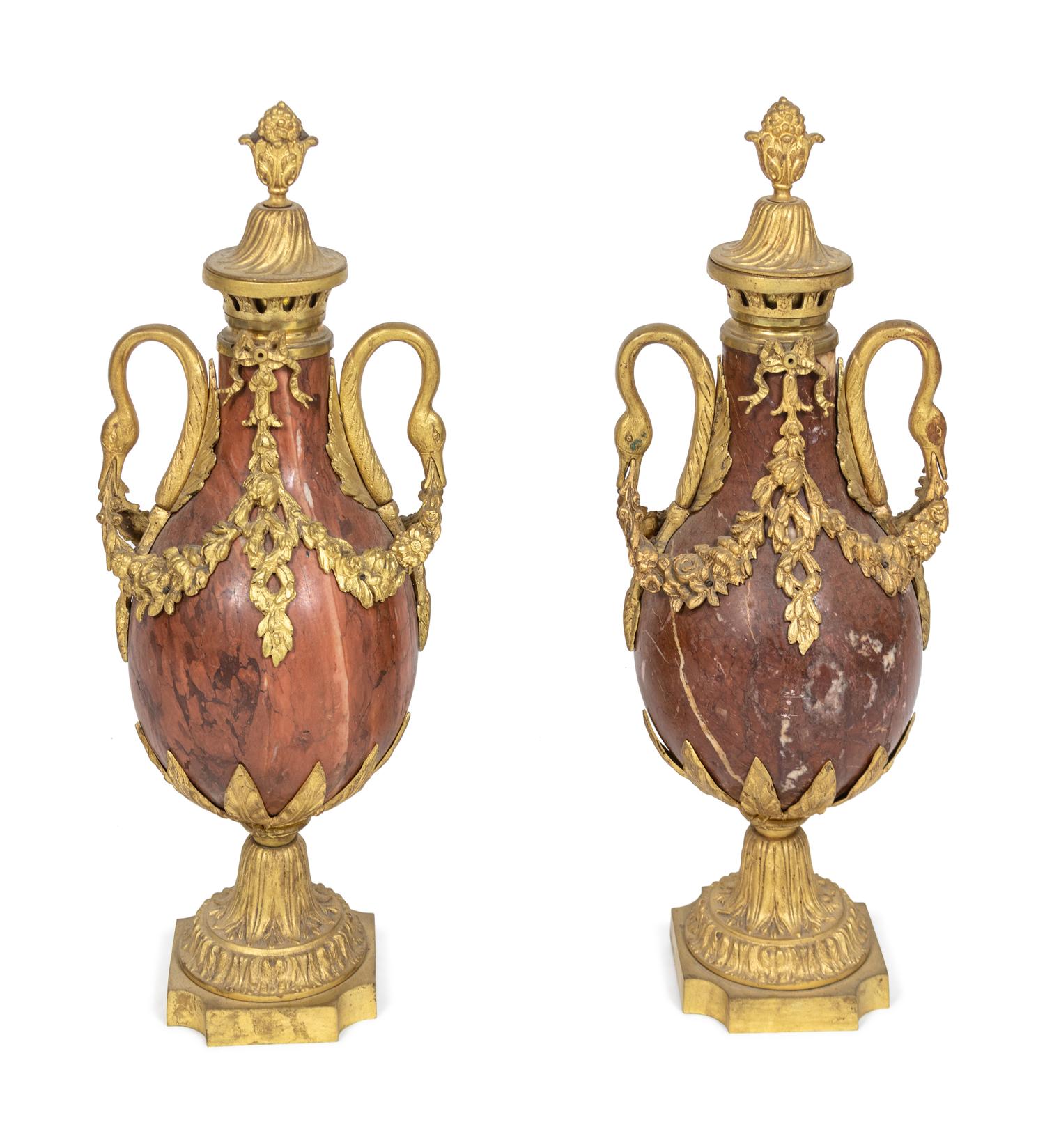 A Pair of Louis XVI Style Gilt-Bronze-Mounted Rouge Marble Urns
