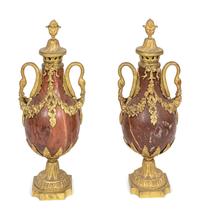 A Pair of Louis XVI Style Gilt-Bronze-Mounted Rouge Marble Urns