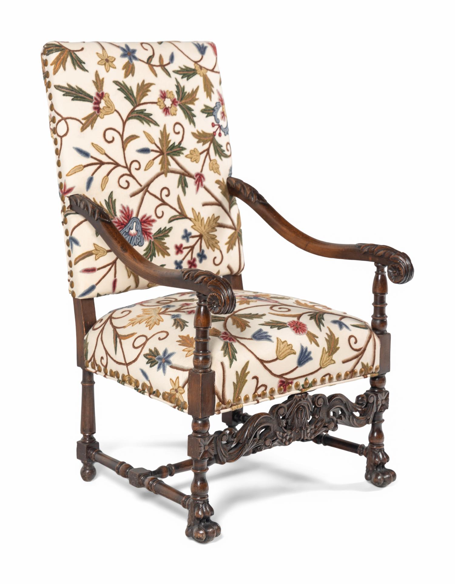 A William and Mary Style Walnut Armchair with Crewelwork Upholstery