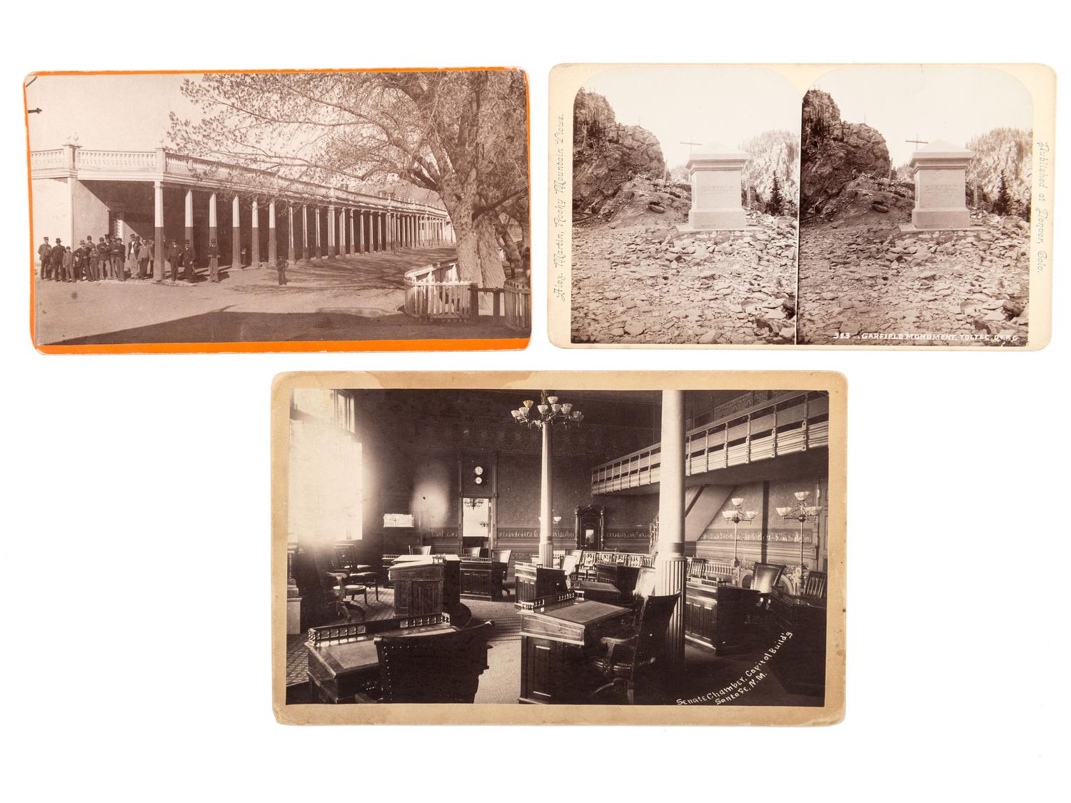 [NEW MEXICO]. A group of 4 photographs of New Mexico, incl. the Montezuma Hotel and Hot Springs in Las Vegas and the Palace of the Governors and Senate Chamber in Santa Fe.