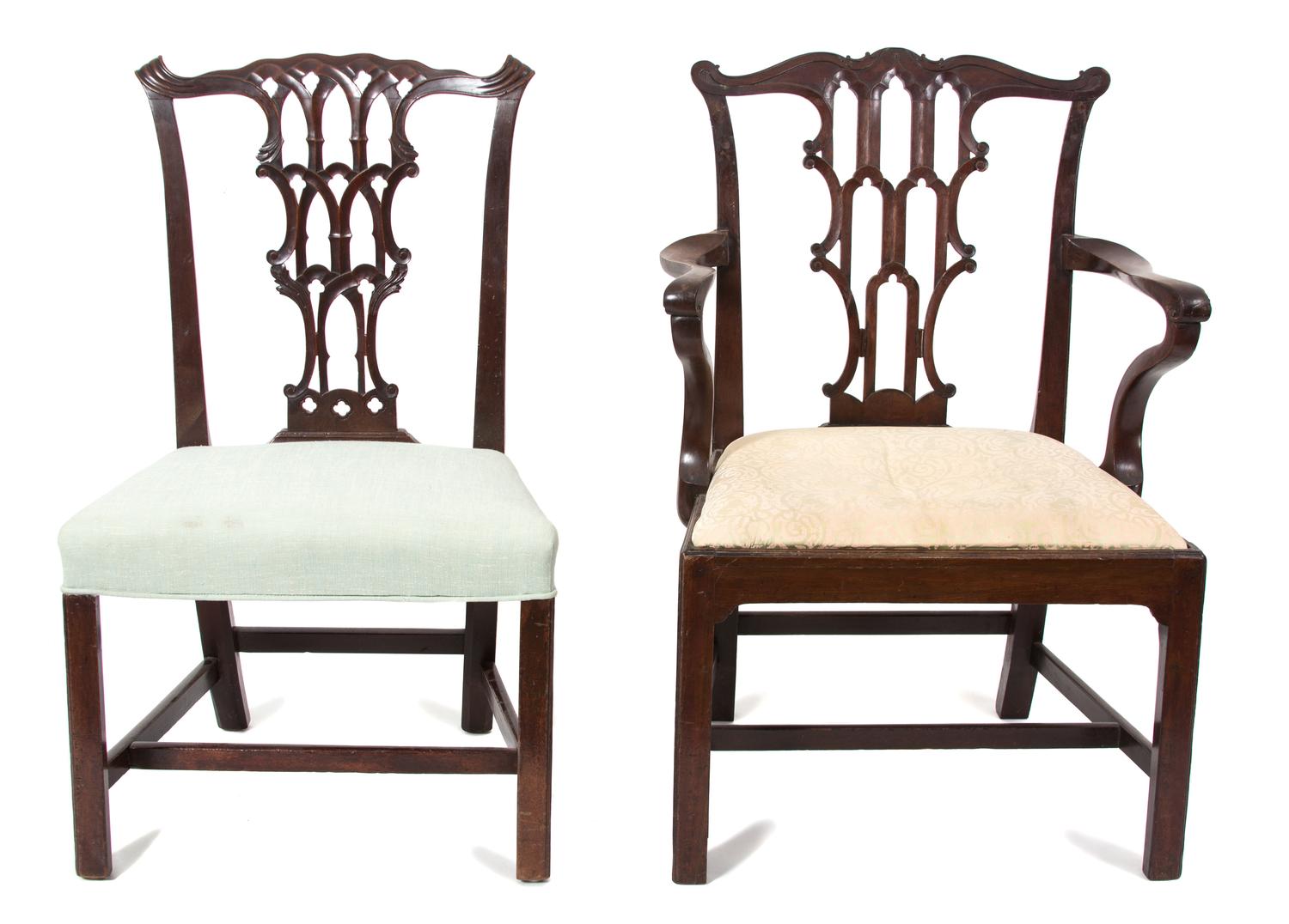 Two George III Carved Mahogany Chairs Height of armchair 38 inches. — 18TH CENTURY