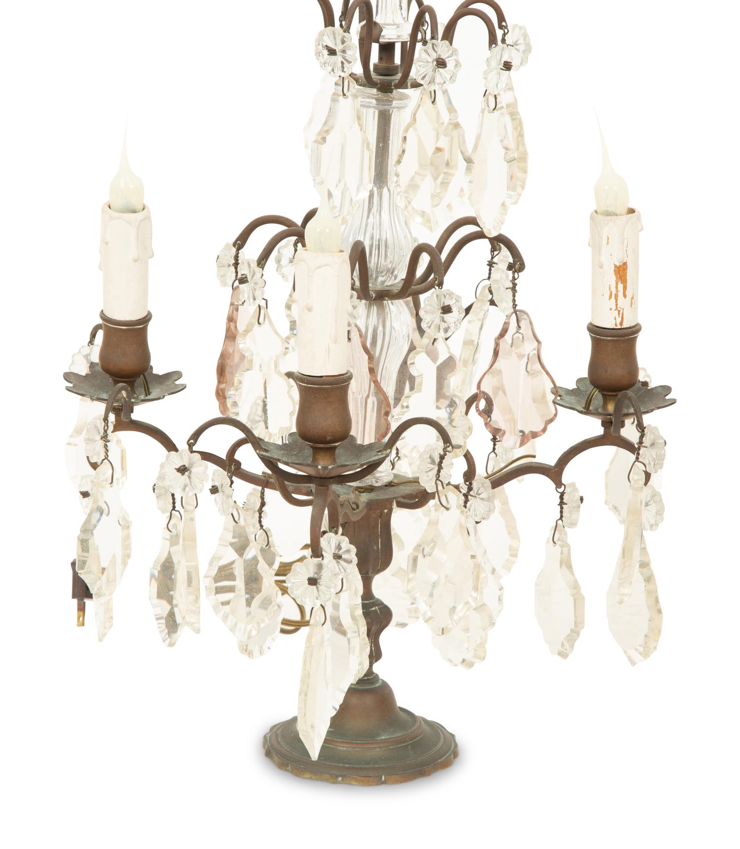 A Pair of Louis XVI Style Cast Metal and Cut Glass Four-Light Girandoles