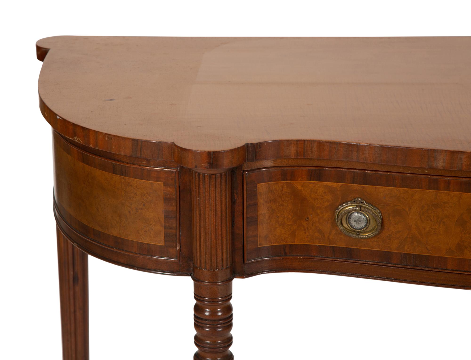 A Pair of Regency Style Mahogany and Maple Veneer Console Tables