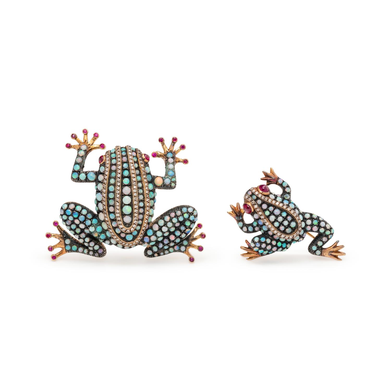 COLLECTION OF OPAL, DIAMOND AND RUBY FROG BROOCHES