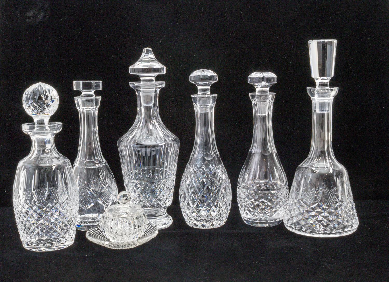 Six Waterford Cut Glass Decanters Height of tallest 13 inches. — 20TH CENTURY