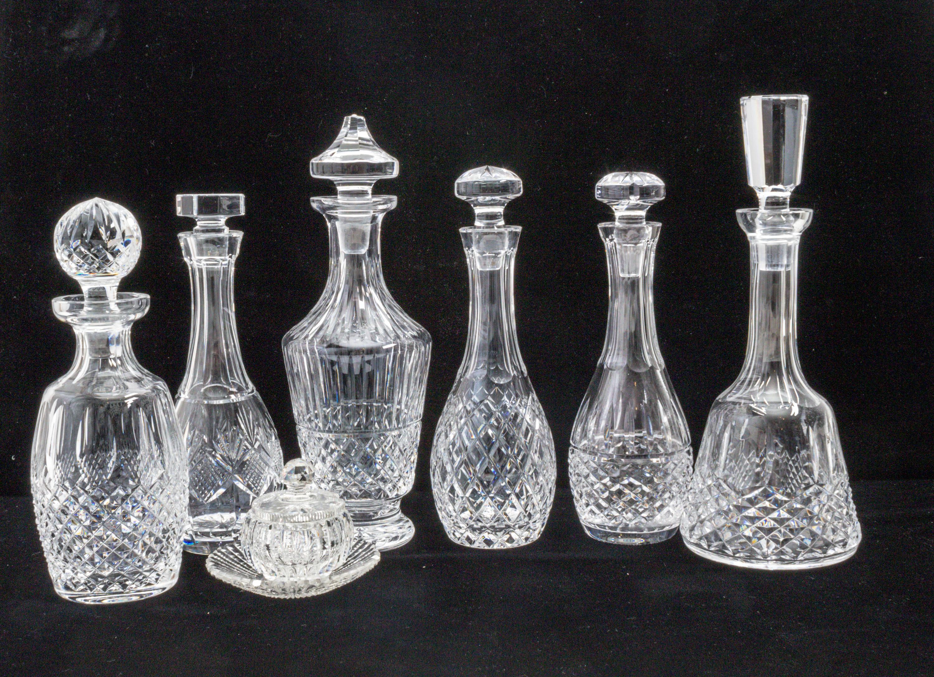 Six Waterford Cut Glass Decanters Height of tallest 13 inches. — 20TH CENTURY