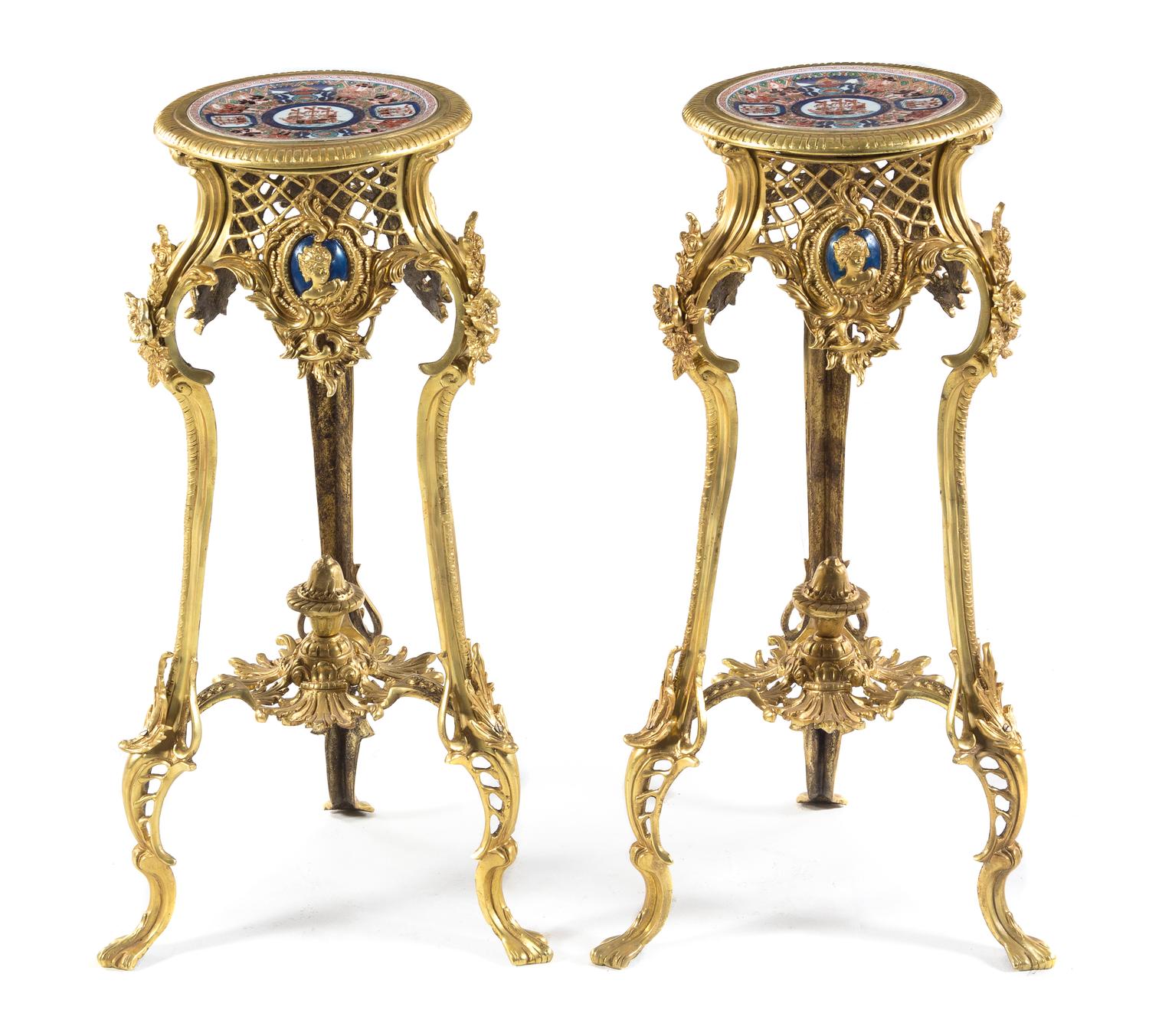 A Pair of Louis XV Style Gilt Bronze and Porcelain Inset Pedestals Height 29 1/2 inches. — 20TH CENTURY