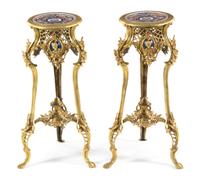 A Pair of Louis XV Style Gilt Bronze and Porcelain Inset Pedestals Height 29 1/2 inches. — 20TH CENTURY