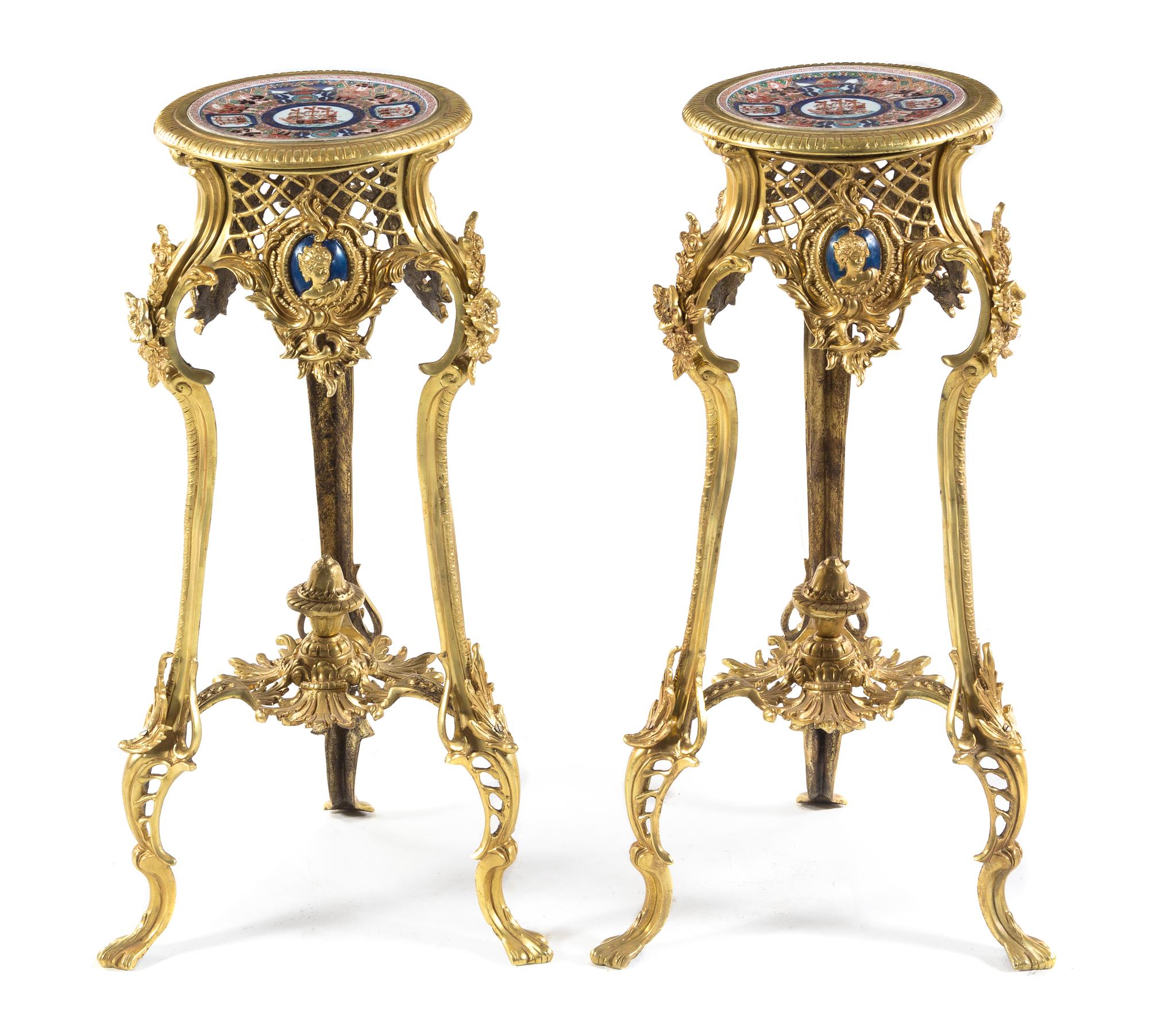 A Pair of Louis XV Style Gilt Bronze and Porcelain Inset Pedestals Height 29 1/2 inches. — 20TH CENTURY