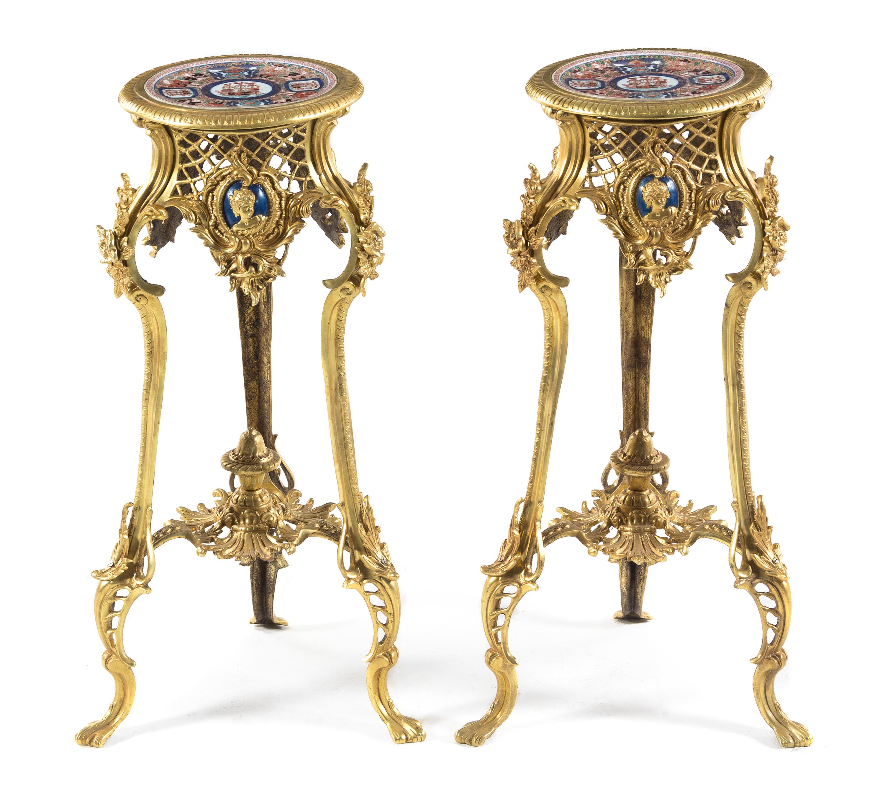 A Pair of Louis XV Style Gilt Bronze and Porcelain Inset Pedestals Height 29 1/2 inches. — 20TH CENTURY