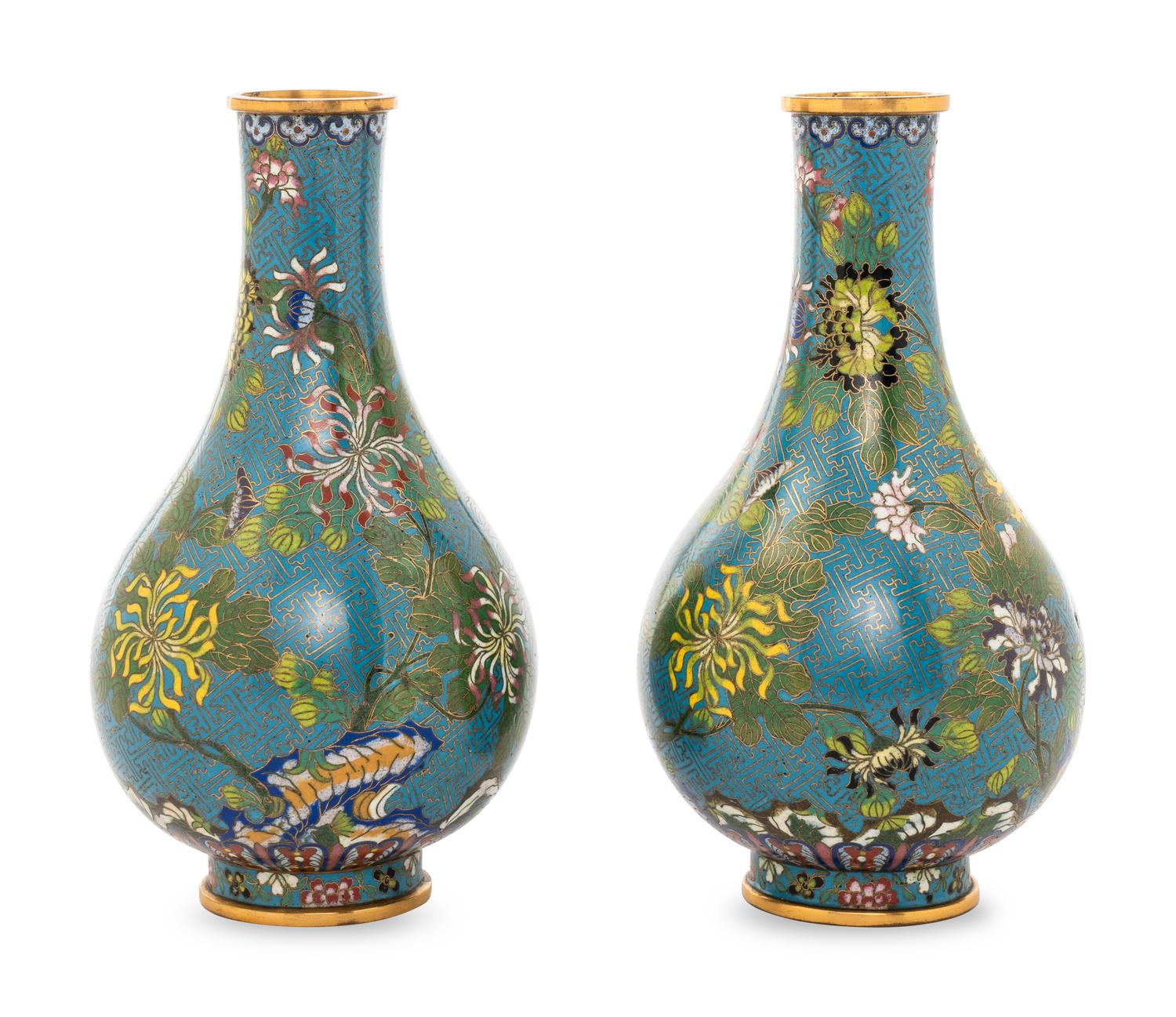 A Pair of Chinese Turquoise Ground Cloisonné Enamel Bottle Vases