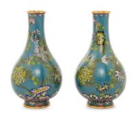 A Pair of Chinese Turquoise Ground Cloisonné Enamel Bottle Vases