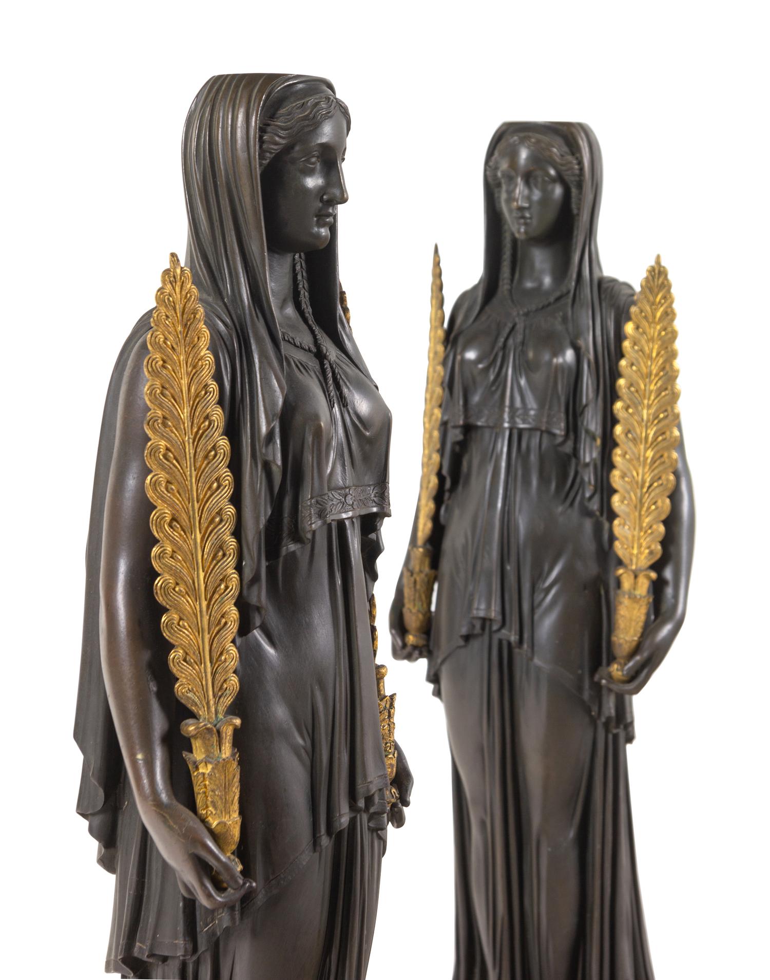 A Pair of Large Empire Style Gilt and Patinated Bronze and Marble Figural Candelabra Bases