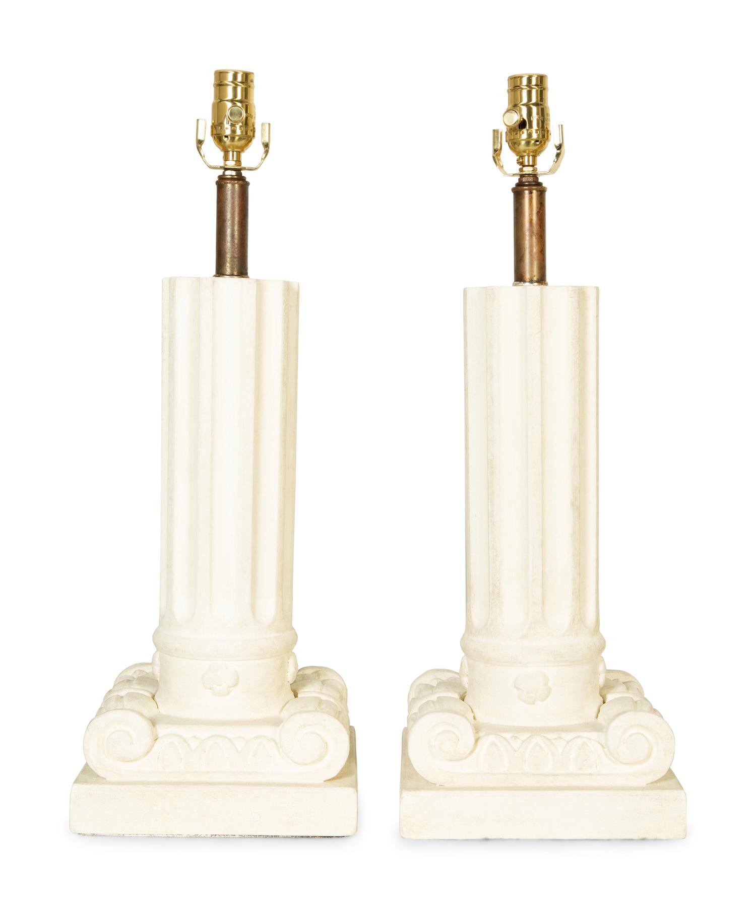 Two Pairs of White-Painted Carved Wood Lamps