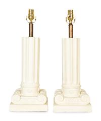 Two Pairs of White-Painted Carved Wood Lamps