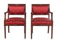 A Pair of Empire Style Gilt Metal Mounted Mahogany Armchairs