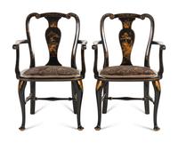 A Pair of Queen Anne Style Black Japanned Armchairs