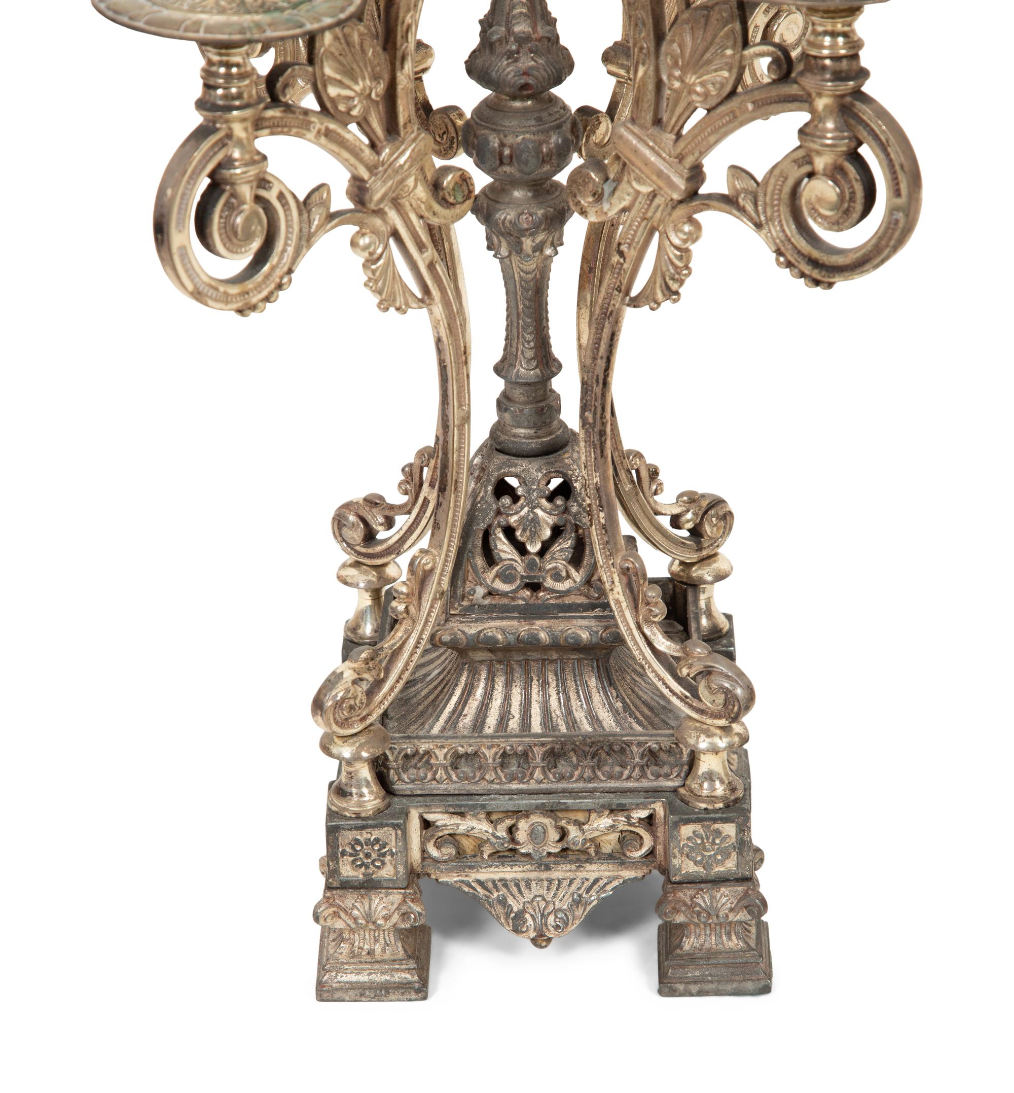 A Pair of English Silver-Plate Five-Light Candelabra
