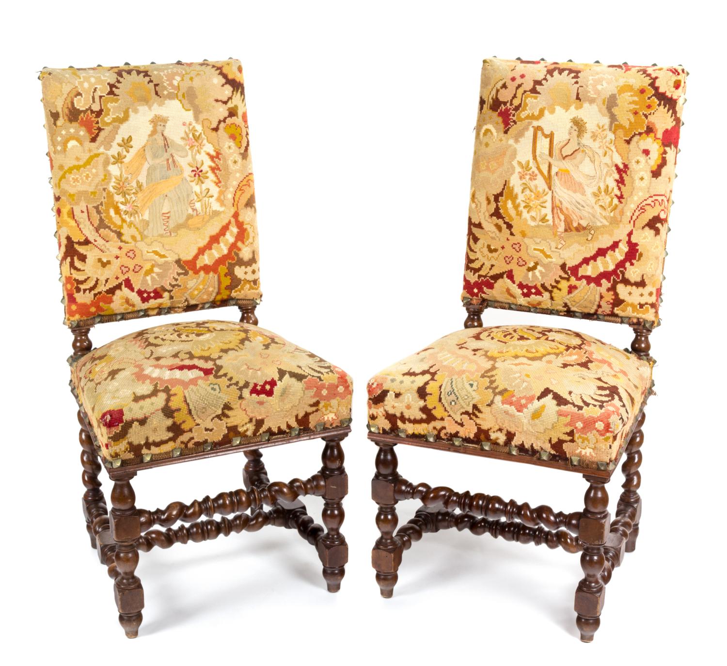 A Pair of William and Mary Style Tapestry-Upholstered Carved Oak Side Chairs Height 38 1/2 inches. — LATE 19TH/EARLY 20TH CENTURY