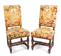 A Pair of William and Mary Style Tapestry-Upholstered Carved Oak Side Chairs Height 38 1/2 inches. — LATE 19TH/EARLY 20TH CENTURY