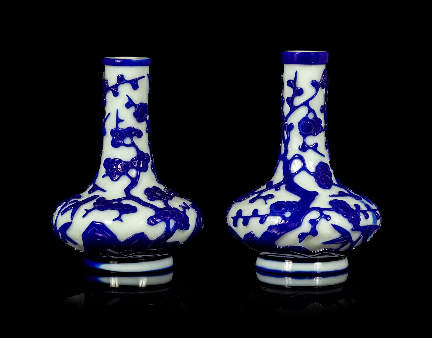 A Pair of Chinese Blue Overlay Opaque White Glass Bottle Vases