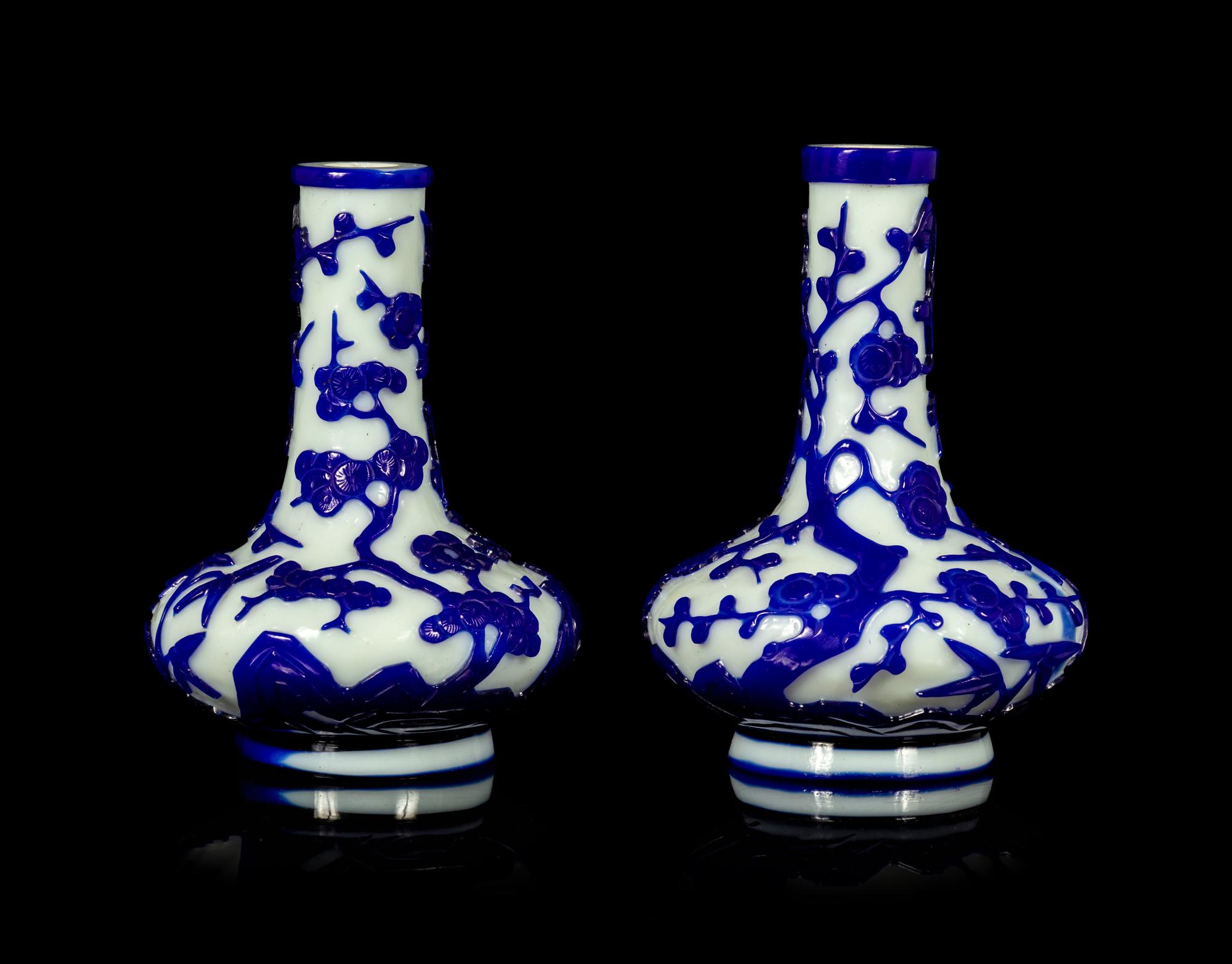 A Pair of Chinese Blue Overlay Opaque White Glass Bottle Vases