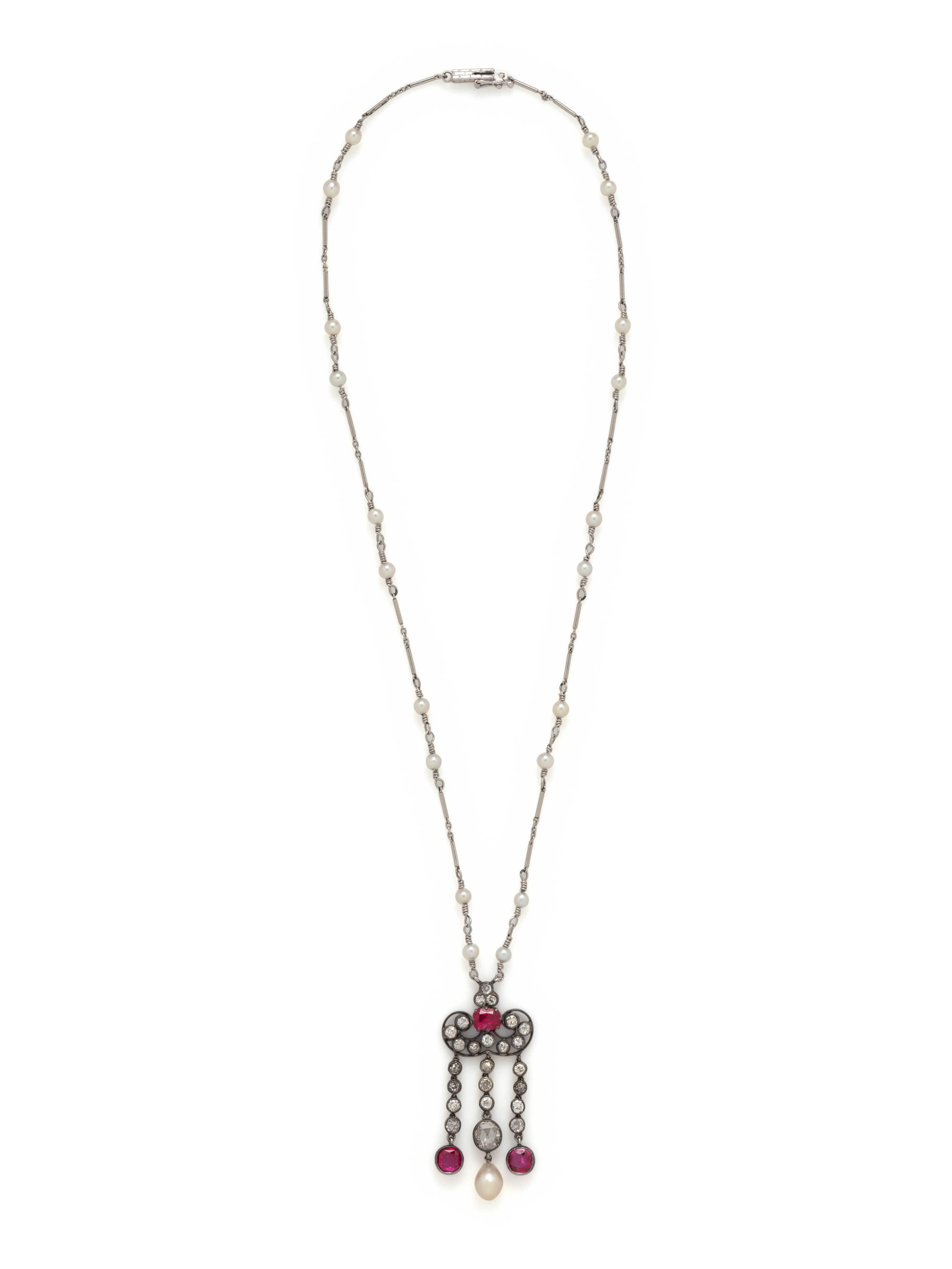ANTIQUE, RUBY, DIAMOND AND PEARL NECKLACE
