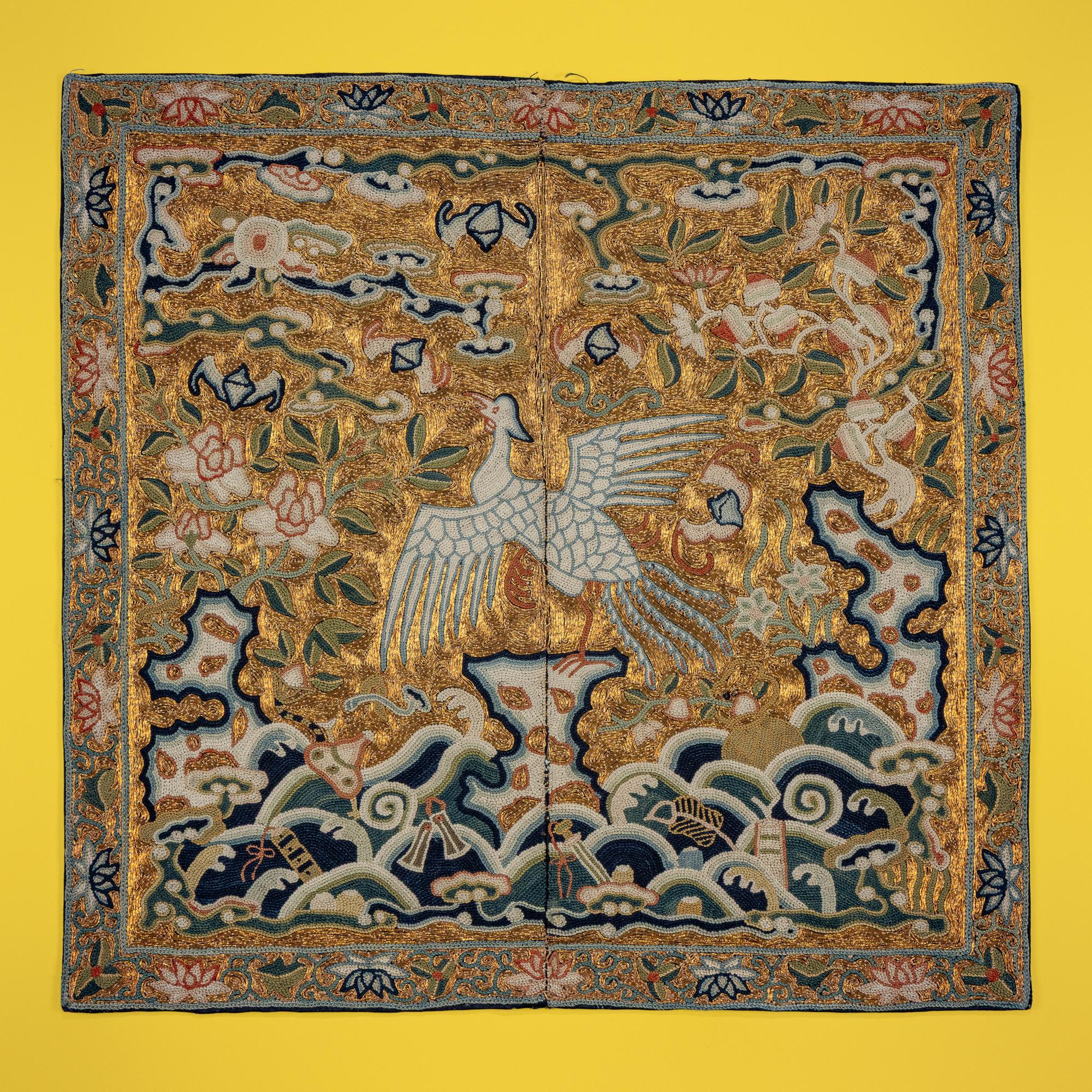 A Chinese Embroidered Gold Ground 'Silver Pheasant' Rank Badge, Jiaqing Period — 清嘉慶 盤金綉五品文官白鷳補子