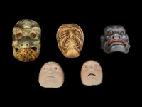 Five Miniature Japanese Ceramic Masks and One Porcelain Figural-Form Netsuke