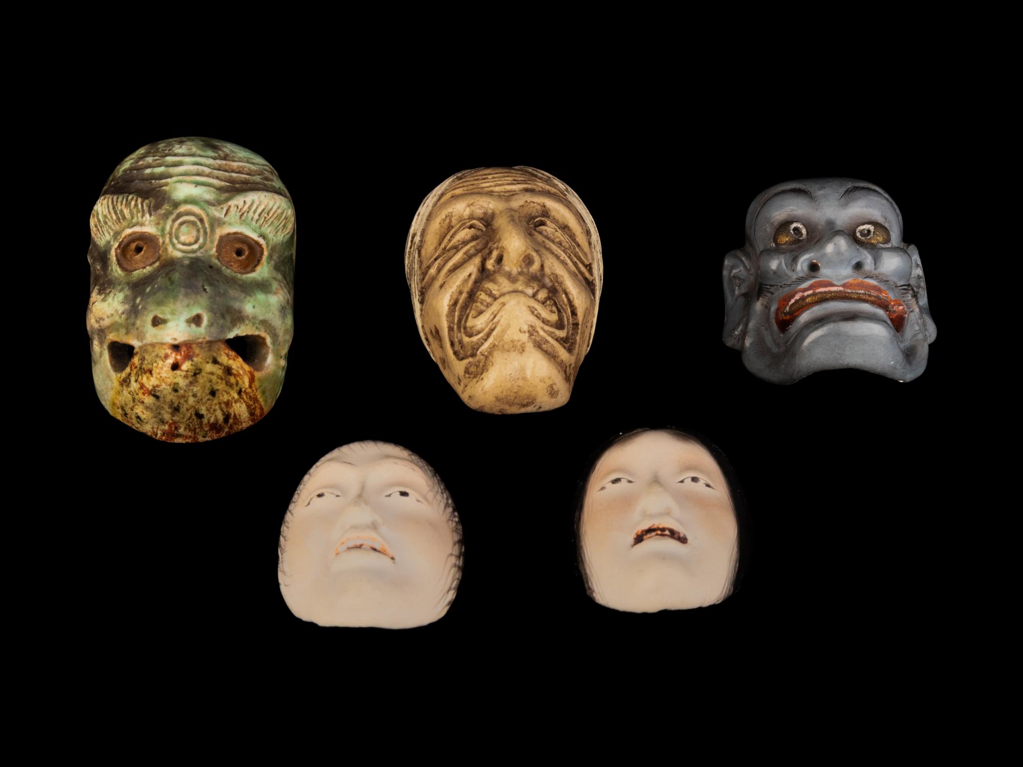 Five Miniature Japanese Ceramic Masks and One Porcelain Figural-Form Netsuke