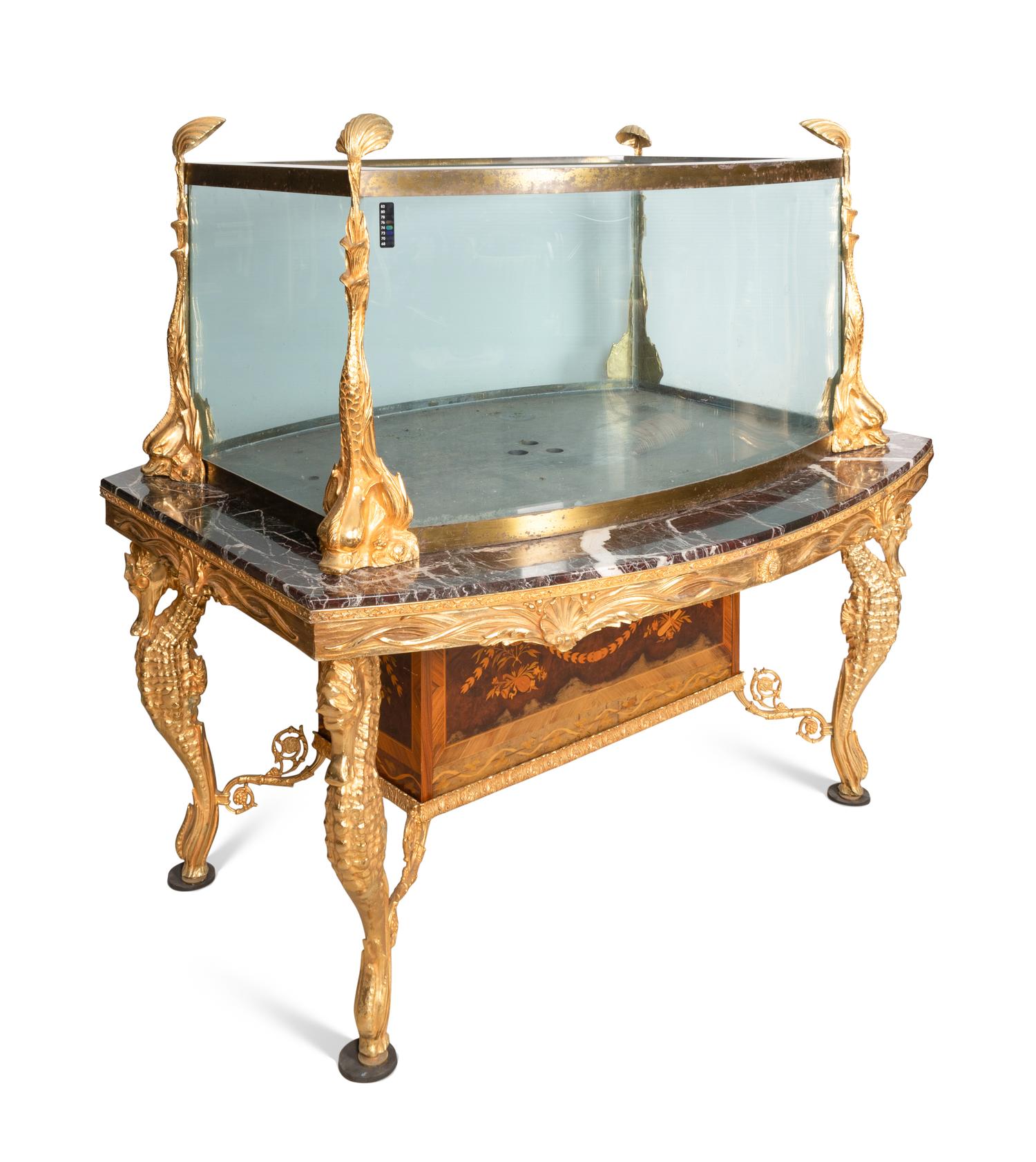 An Italian Gilt Steel and Bronze Console Aquarium with Marble Top