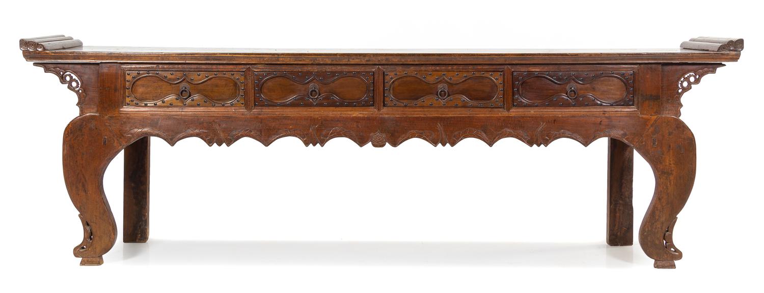 A Chinese Carved Walnut Altar Table Height 32 1/2 x width 108 x depth 18 1/2 inches. — 19TH CENTURY
