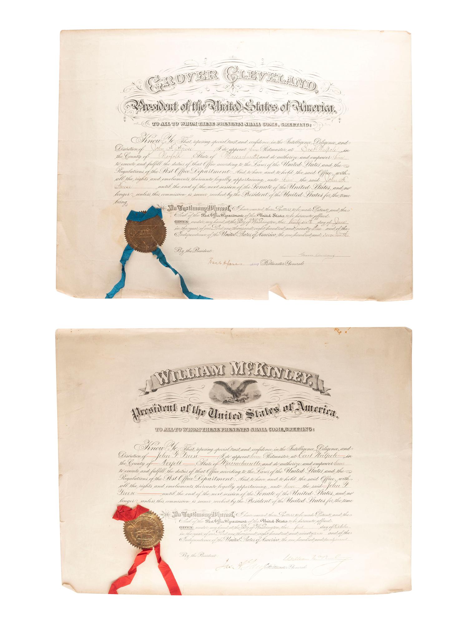 [POLITICS]. A group of presidential postmaster appointments signed by Grover CLEVELAND, William McKINLEY, and Theodore ROOSEVELT.