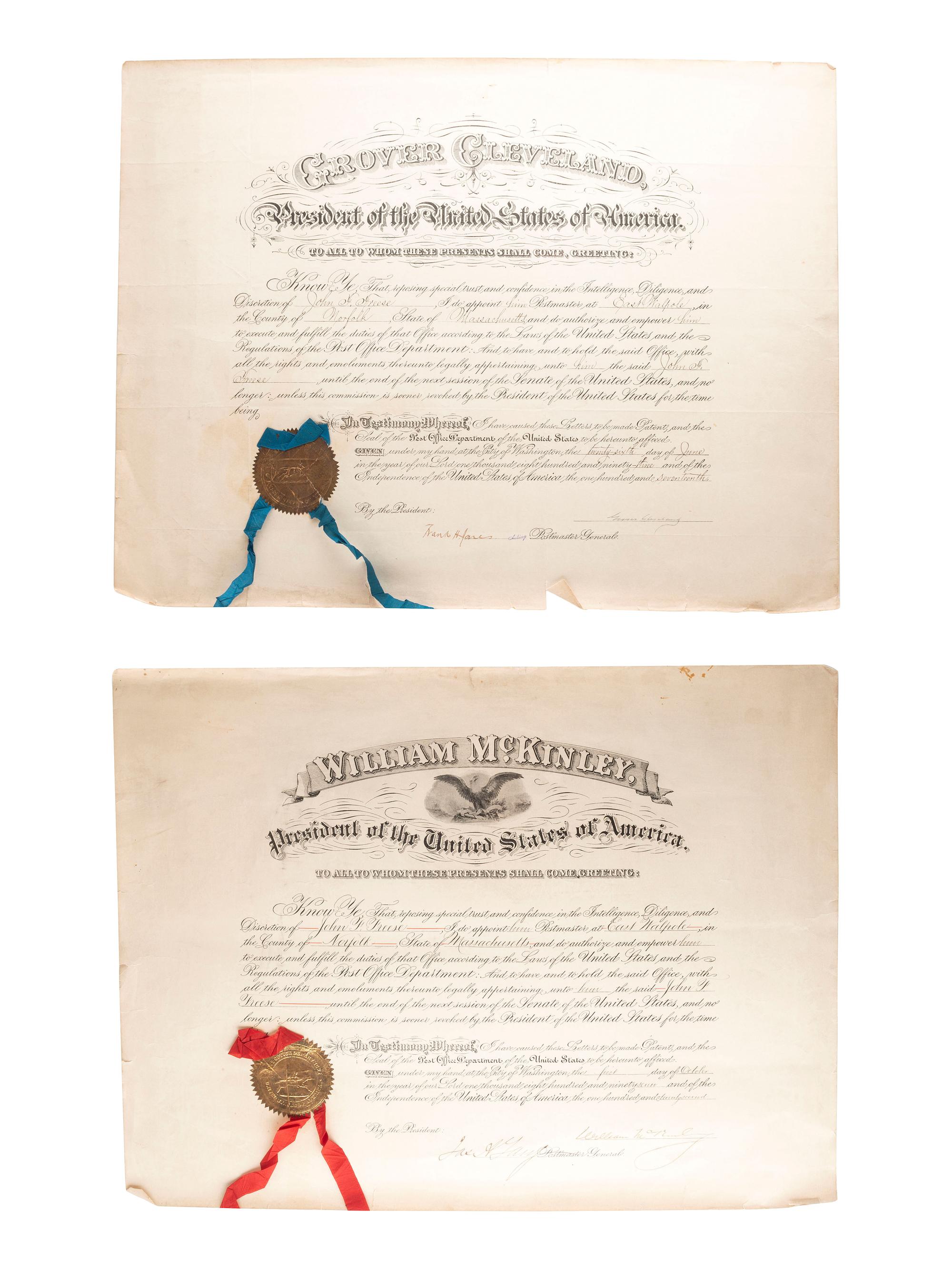 [POLITICS]. A group of presidential postmaster appointments signed by Grover CLEVELAND, William McKINLEY, and Theodore ROOSEVELT.