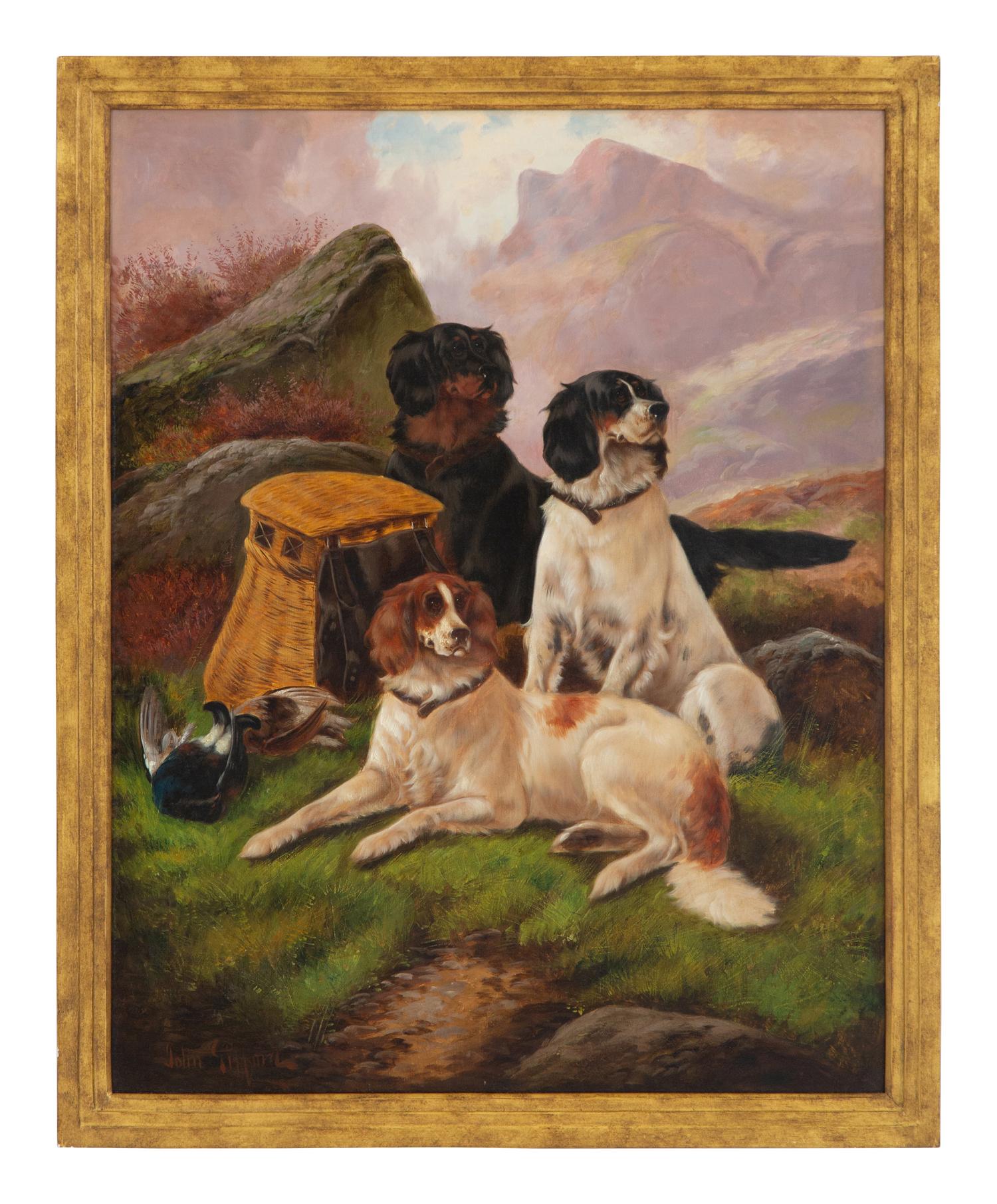 Three Hunting Dogs in Mountain Landscape