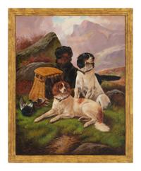 Three Hunting Dogs in Mountain Landscape