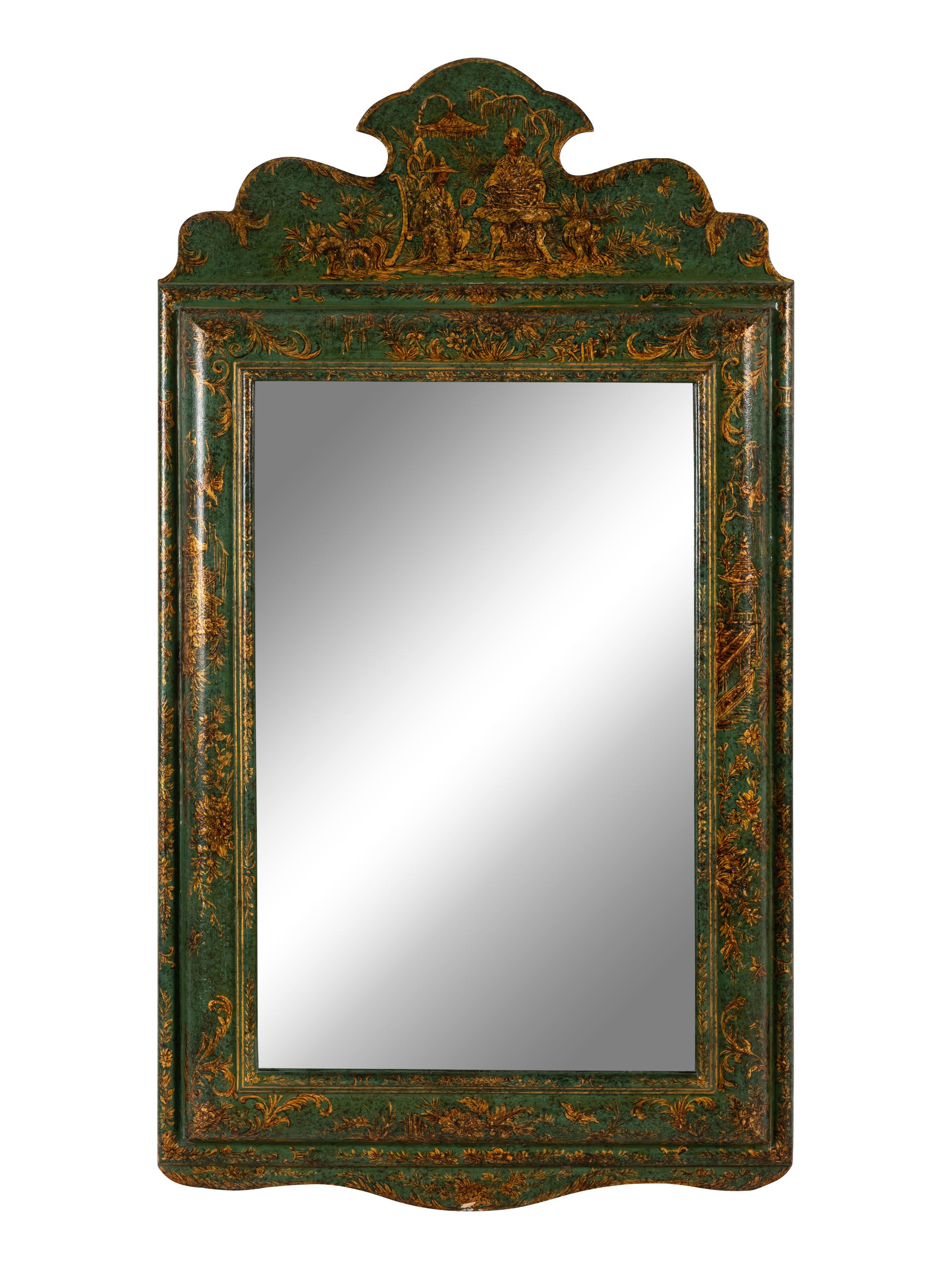A Queen Anne Style Green Japanned Mirror