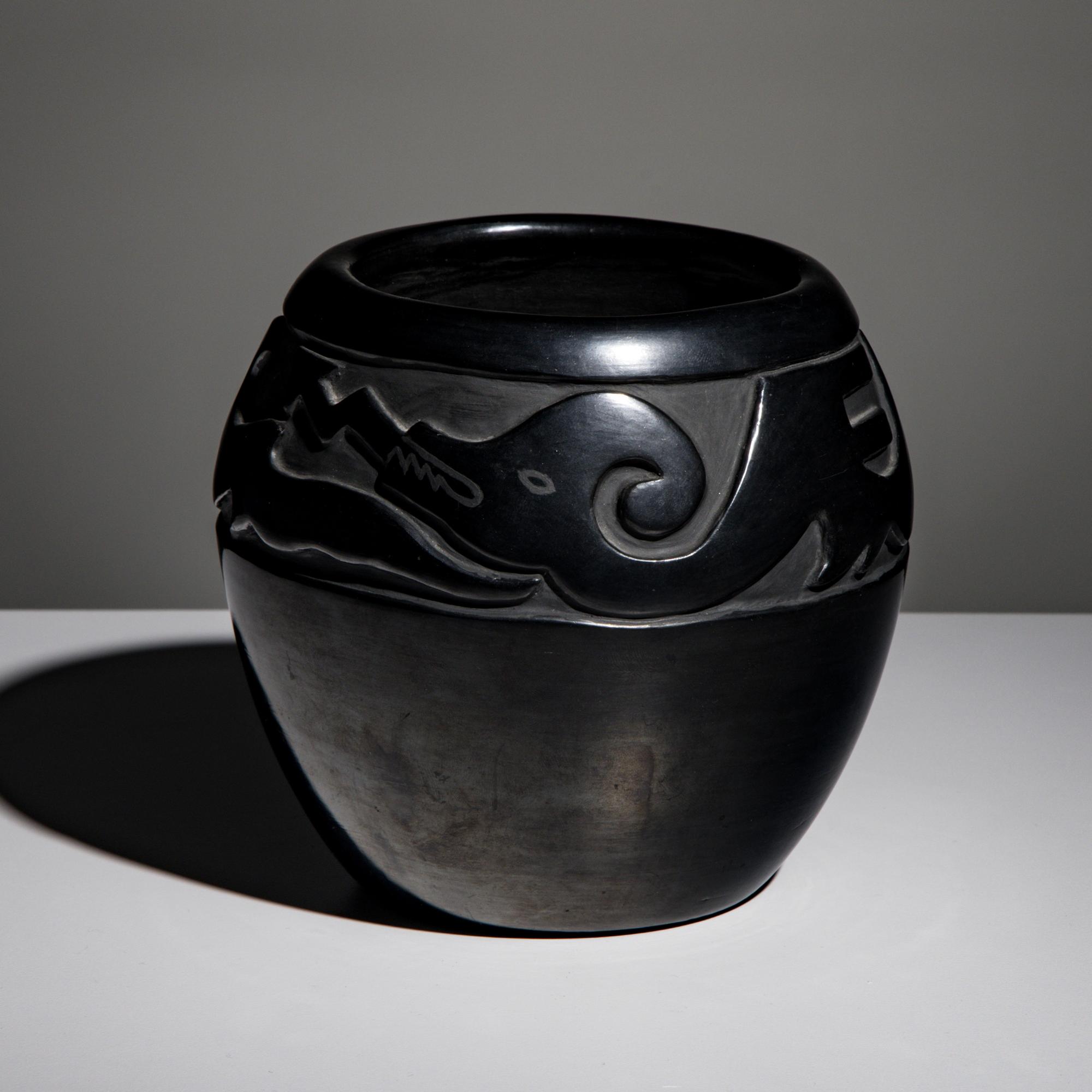 Toni Roller (Santa Clara, b. 1935) — Carved Blackware Pottery Jar, Avanyu