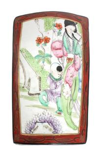 A Chinese Porcelain Inset Lacquered Box Height 3 1/4 x width 8 3/4 x depth 5 inches