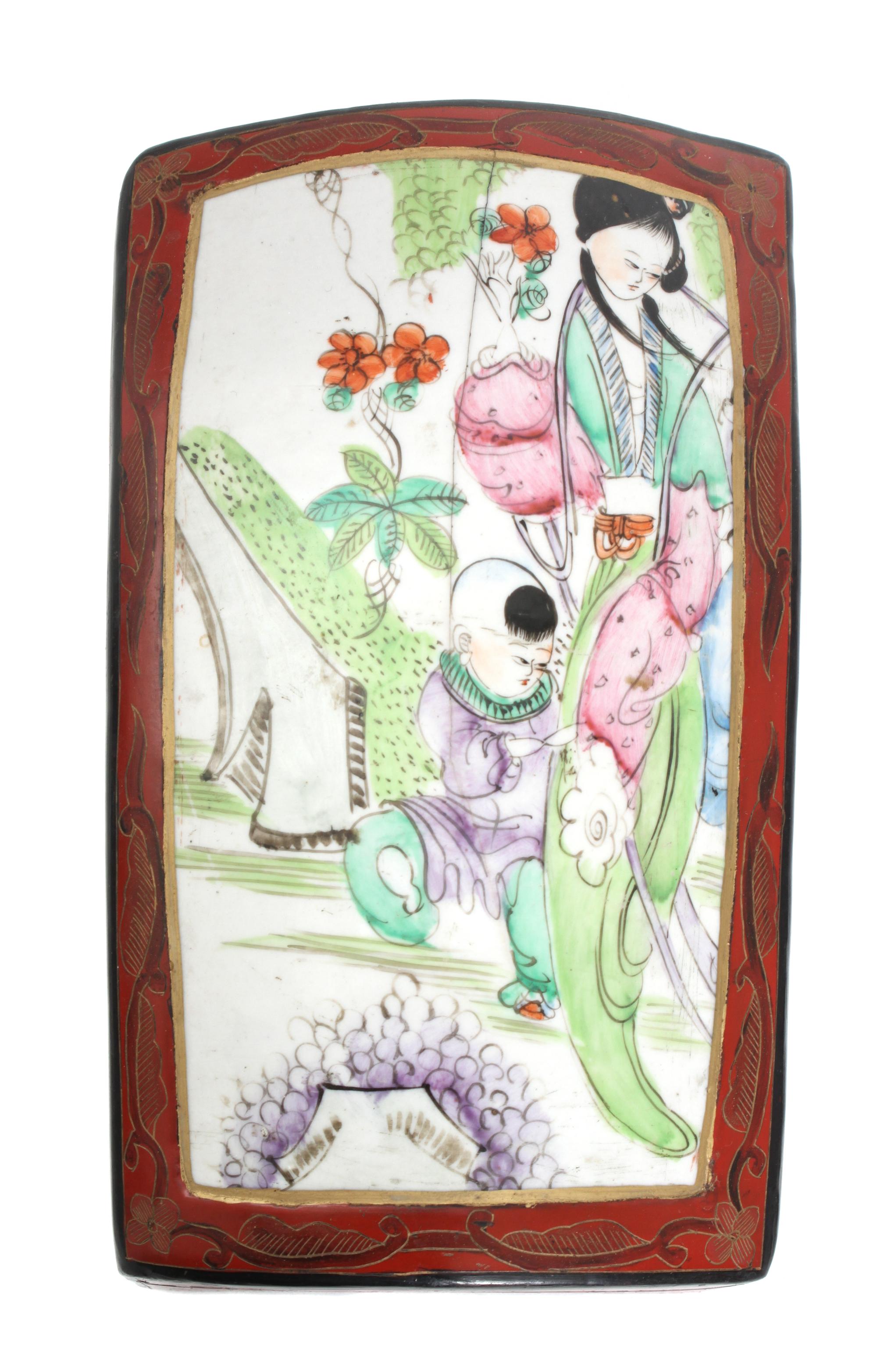A Chinese Porcelain Inset Lacquered Box Height 3 1/4 x width 8 3/4 x depth 5 inches