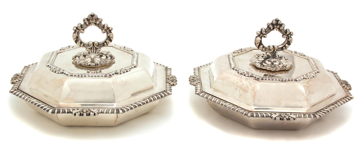 A Pair of Covered Silver-Plate Octagonal Entree Dishes, 20th Century,