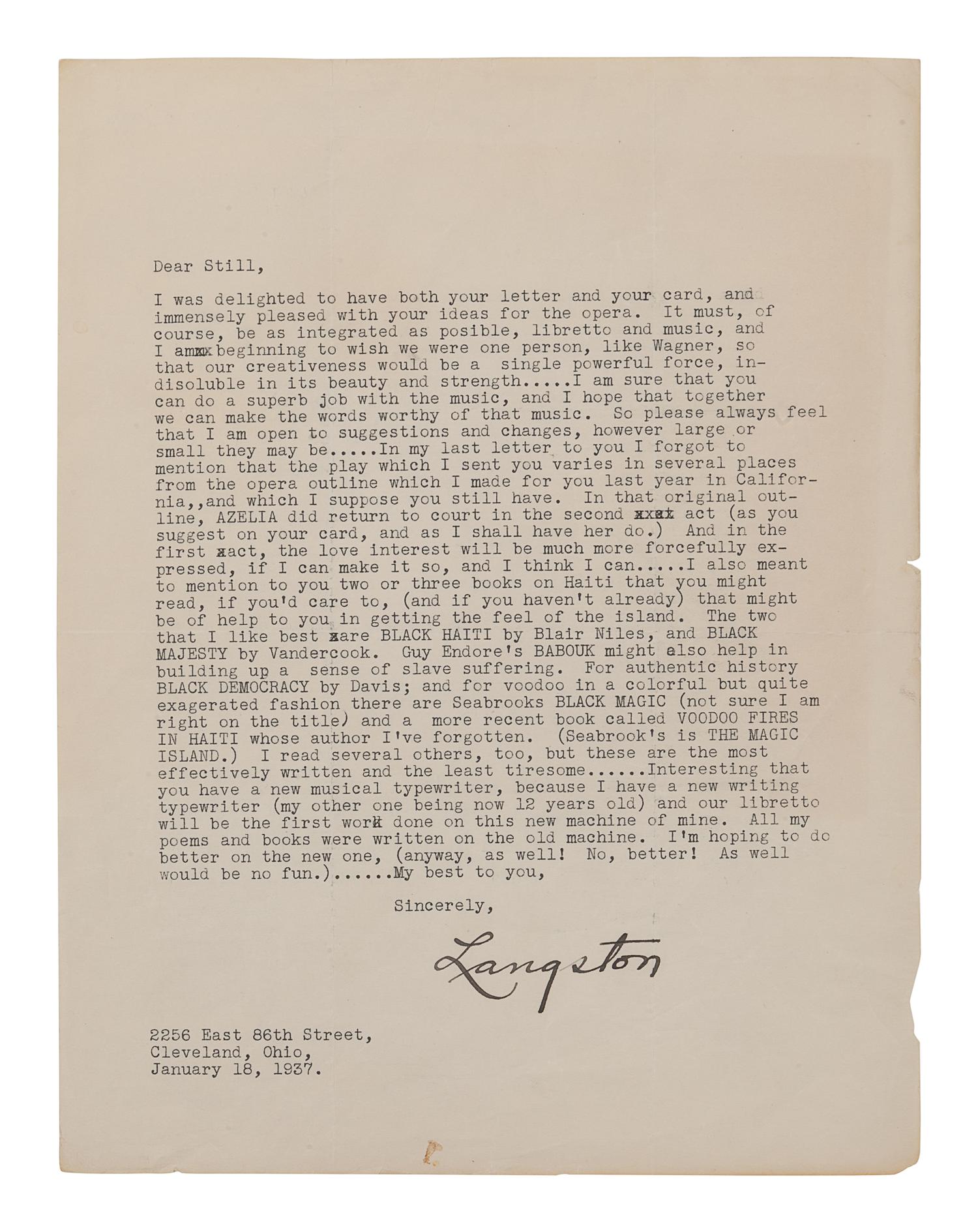 HUGHES, Langston (1901-1967). Typed letter signed (“Langston”), to William Grant Still. Cleveland, OH, 18 January 1937. 1 page, 8vo, small chips to left edge.