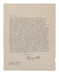 HUGHES, Langston (1901-1967). Typed letter signed (“Langston”), to William Grant Still. Cleveland, OH, 18 January 1937. 1 page, 8vo, small chips to left edge.