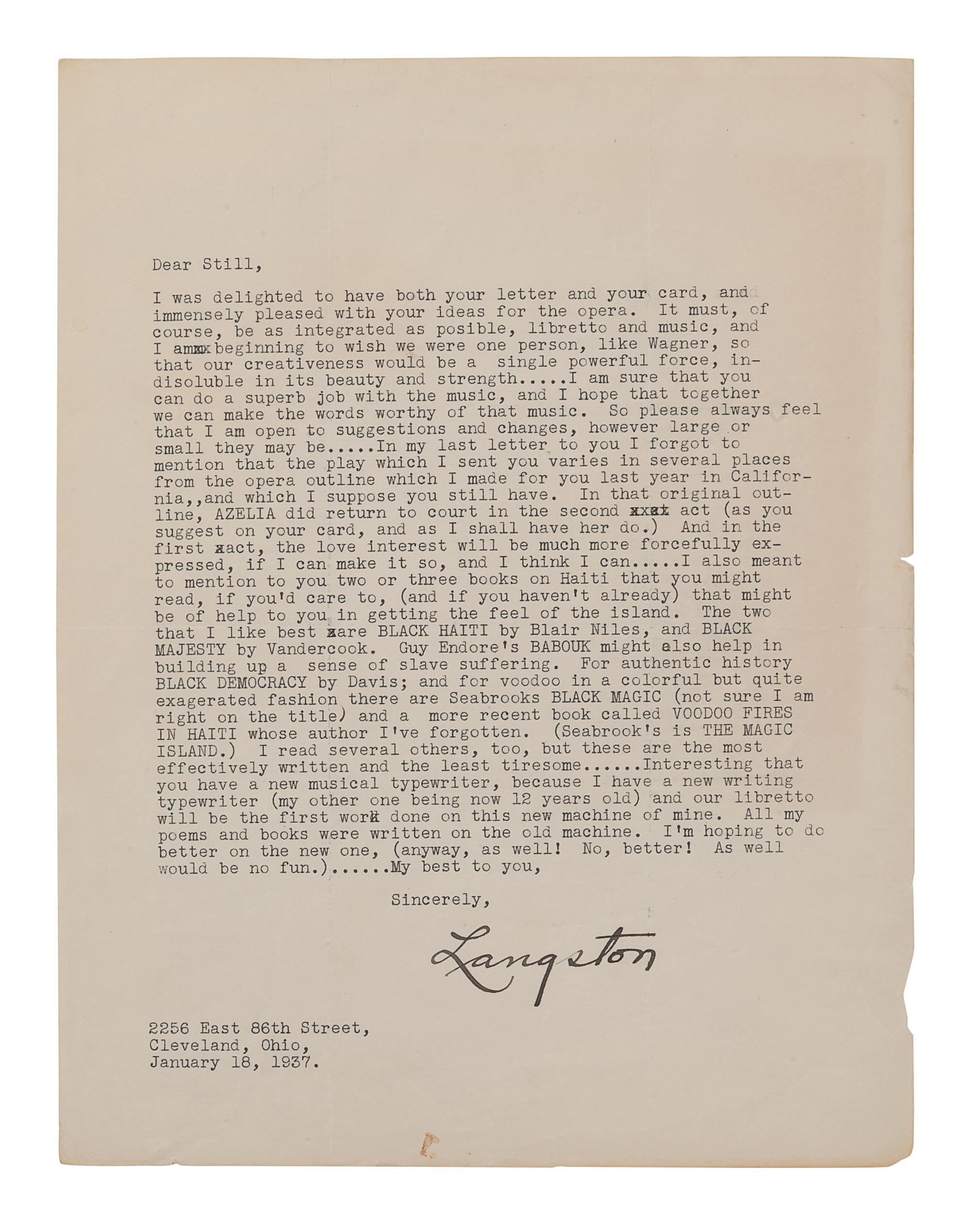HUGHES, Langston (1901-1967). Typed letter signed (“Langston”), to William Grant Still. Cleveland, OH, 18 January 1937. 1 page, 8vo, small chips to left edge.