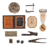 [CIVIL WAR]. Collection of photographs and objects incl. soldier's ID stencil.