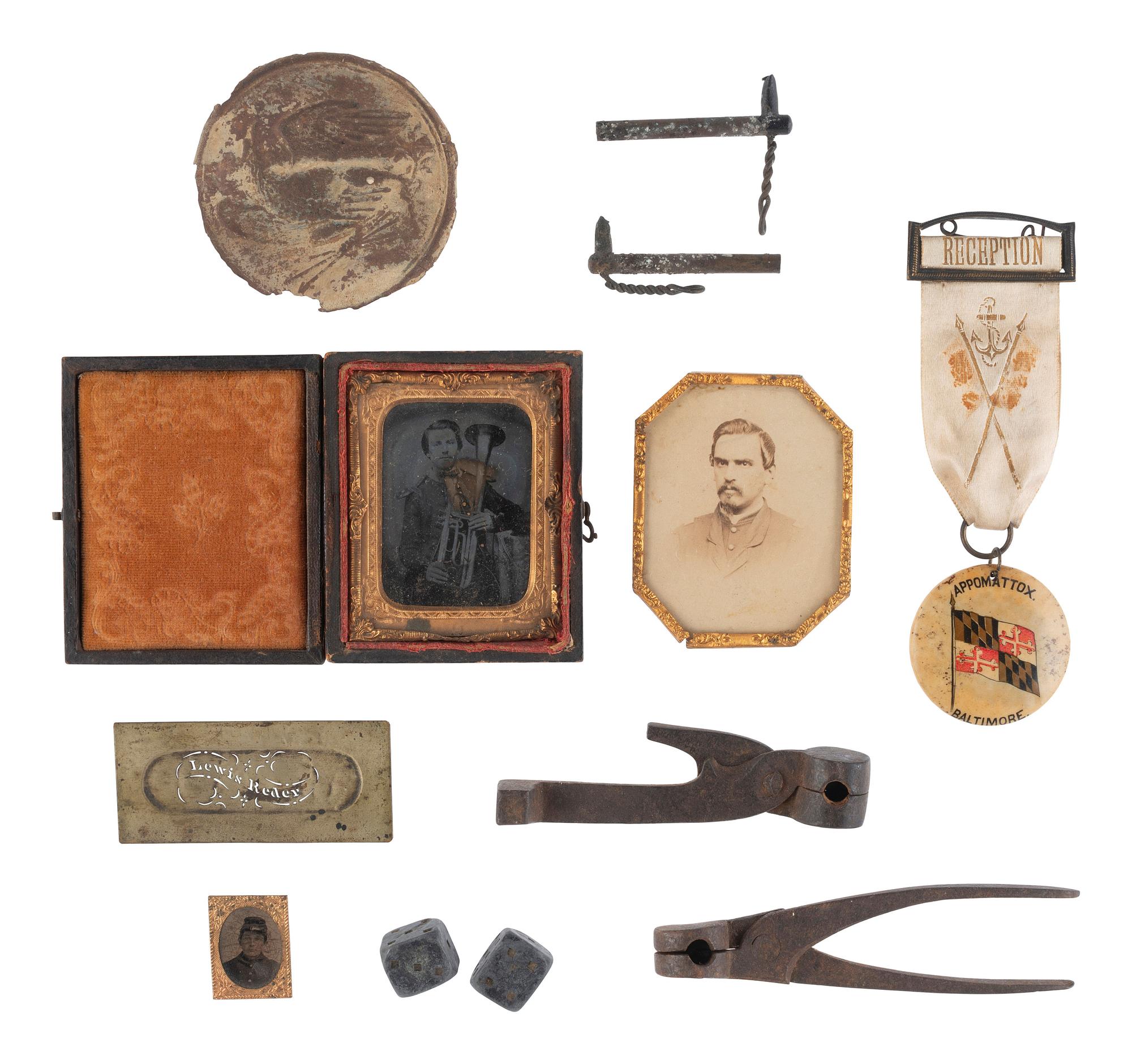 [CIVIL WAR]. Collection of photographs and objects incl. soldier's ID stencil.