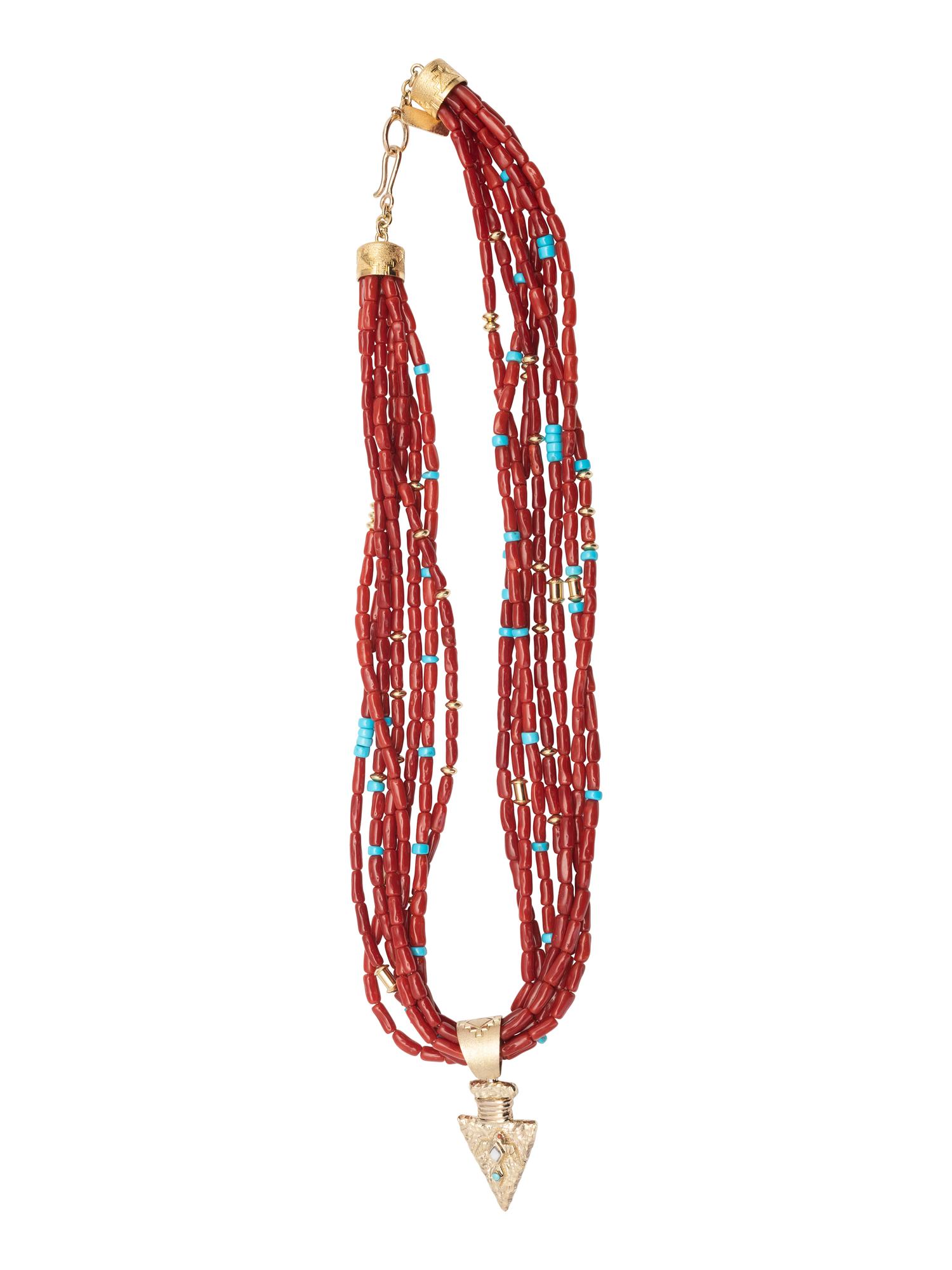 Multi-strand Coral Necklace, with 14K Gold Arrowhead Pendant