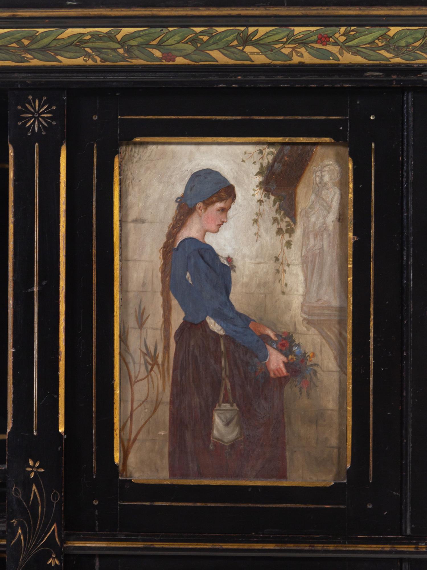 An English Aesthetic Movement Ebonized and Hand-Painted Cabinet